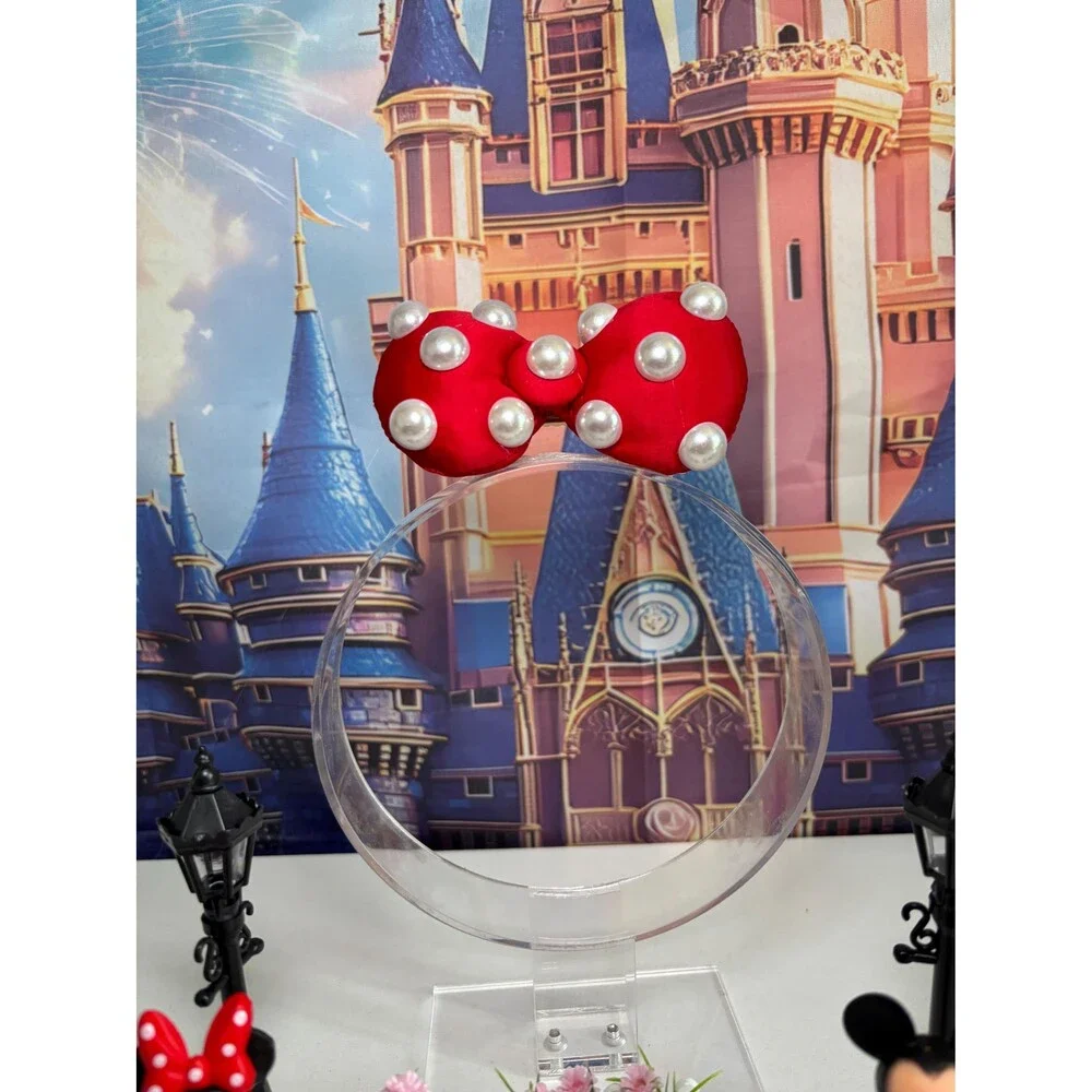 Mouse Red Pearl Polka Dot Bow Hair Clips . 2pc